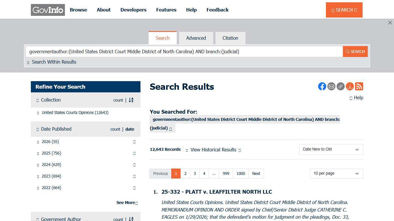 governmentauthor:(United States District Court Middle District of North Carolina) AND branch:(judicial) Search Results Govinfo